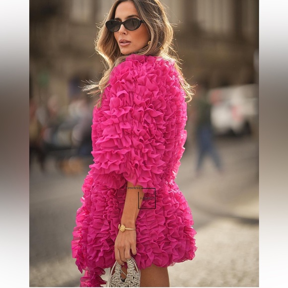ZARA LIMITED EDITION FUCHSIA RUFFLE COAT KNIT DRESS - Picture 4 of 5